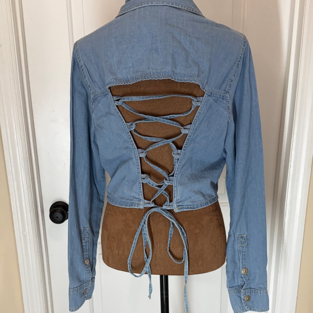 Light Blue Denim Lace-Up Back Crop Top - Picture 1 of 5